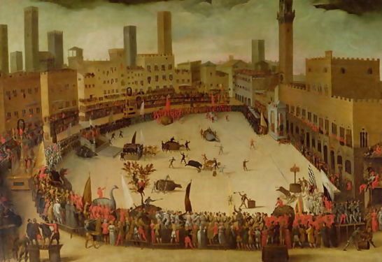 Campo, Siena en 1597, peiture de Vincenzo Rustici, Le défilé des Contrade 